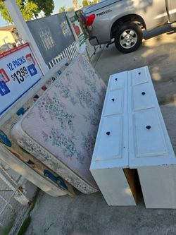 Mattress with Box Spring and White Dresser