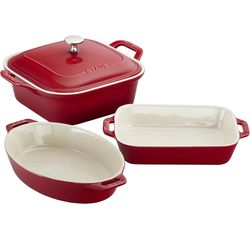 STAUB Ceramic 4-pc Baking Pans Set, Casserole Dish with Lid, Brownie Pan, Cherry @B11-526