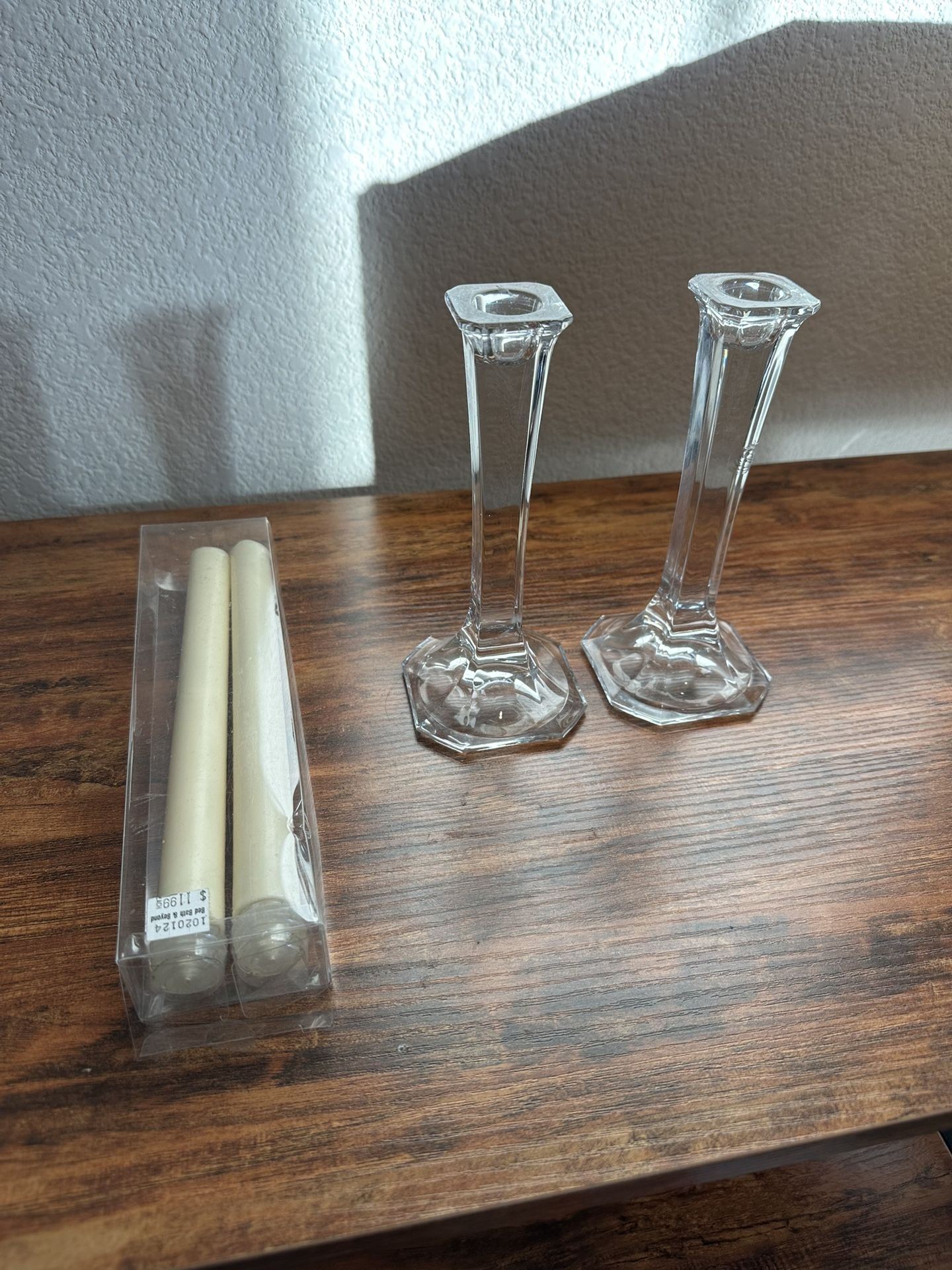 Candlestick Holder Tall Pillar Column Crystal Clear Glass 7” w/ Electric Candles x2