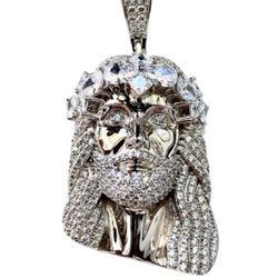 Italy 925 Sterling Silver JESUS FACE 14K White Gold 5X Layered Iced Pendant, Stainless Steel Rope Chain 16”-24” Inches Chain and Pendant Set