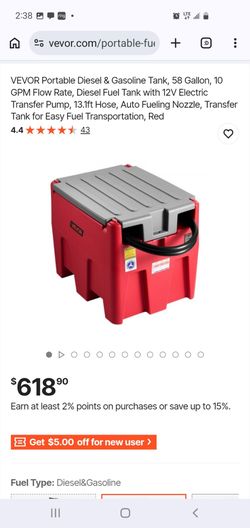 VEVOR Portable Diesel & Gasoline Tank, 58 Gallon, 10 GPM Flow Rate,