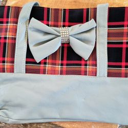 Red Plaid & Gray  Purse with Zipper, Bow & Inside Pocket Size 15"x 11" x 2"