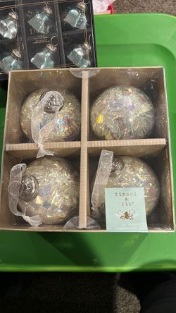 Tinsel and fir set of four glass ornaments