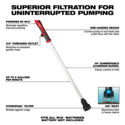 Milwaukee M12 cordless 9 GPM. Submersible Stick Water Transfer Pump