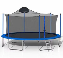 14FT Outdoor Trampoline with Basketball Hoop and Safety Enclosure Net (Full Black)