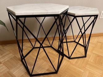 2-Piece Hexagon Stone and Black Nesting Tables