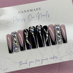 Extra long square press on nails black French tip rhinestones handmade custom