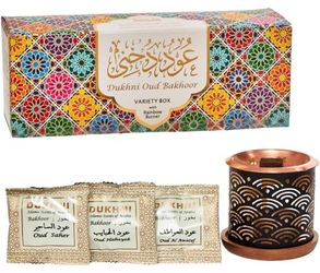 Oud Bakhoor Variety Box & Burner by Dukhni | Arabian Oudh Set with Candle Incense Burner | 20 pcs Arabic bukhoor Incense Bricks, 10 Mixed scents