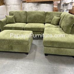 New Modern Classic Green Fabric Sectional Sofa and Chaise Set FREE STORAGE OTTOMAN Ashley Style Discount BIG Couch Clearance SALE Black Beige Grey