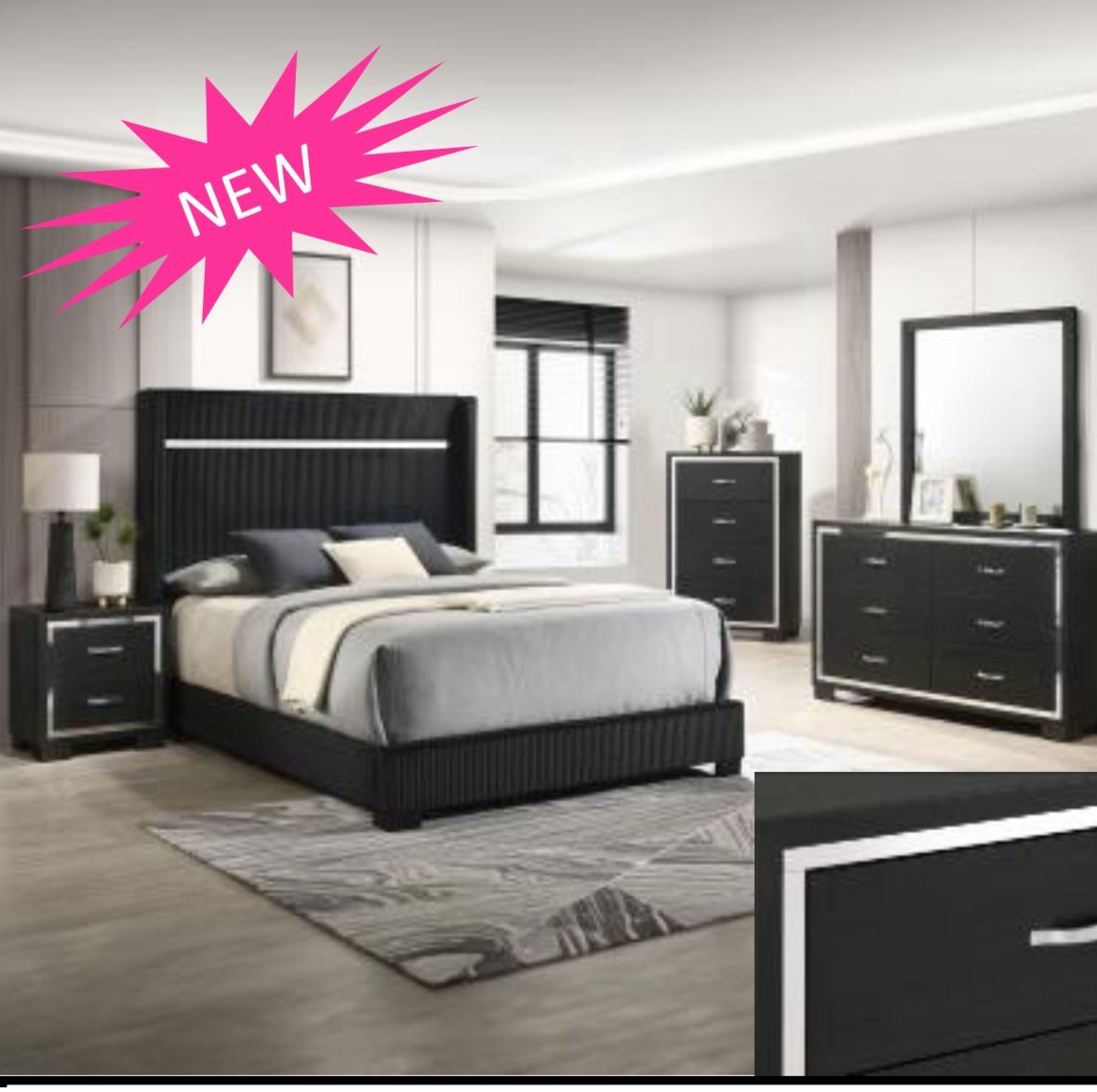 4- Pc Bedroom set Dresser,Mirror Nightstand (1) Queen size bed frame Not including Mattress and Box Sp