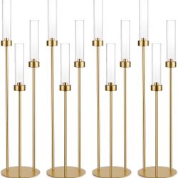 4pcs Gold Candelabra 3 Arm Taper Candle Holders with Acrylic Shades, Decorative Metal Candlestick Holders for Wedding Table Centerpiece, Halloween,Chr