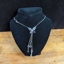 14KT White Gold Amethyst and Blue Topaz Butterfly Necklace Rolo Chain 18 Inches