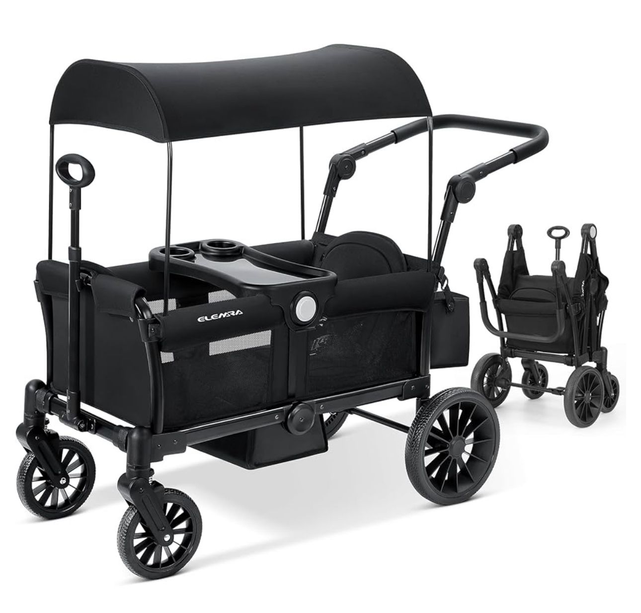 ELEMARA Foldable Wagon Stroller, Stroller Wagon for 2 Kids, Premium All Terrain Wagon for Kids with Removable Canopy, Adjustable Push/Pull Handle, Har