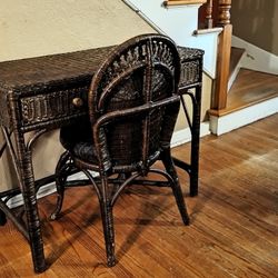 Vintage 2 Drawer Wicker Rattan Writing Desk/Vanity with Matching Chair with Cushion