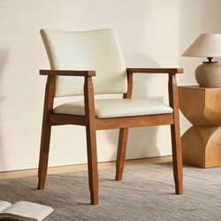 Mid-Century Modern Wood Armchair with PU Leather Upholstery
