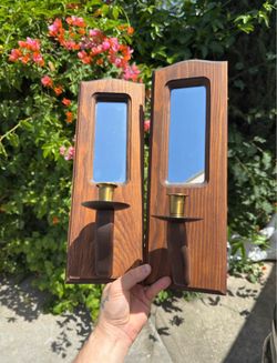 Vintage wooden & brass mirror wall sconce candle holders
