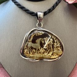 Genuine Amber Pendant In Sterling Silver From Poland, HandCarved Fairy & Unicorn, Cord Not Included