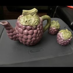 Grape Ceramic Tea Pot And Salt And Pepper Shaker Set
