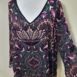 Sheer Overlay Black Floral Blouse With Velour Trim Size 1X