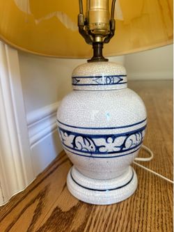 Vintage Dedham Pottery l, Potting Shed collection - Blue & White Crackle Glaze Ceramic Table Lamp with Shade
