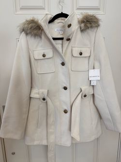 Liz Claiborne Cream Wool Coat with Fur Hood. Size L with tags