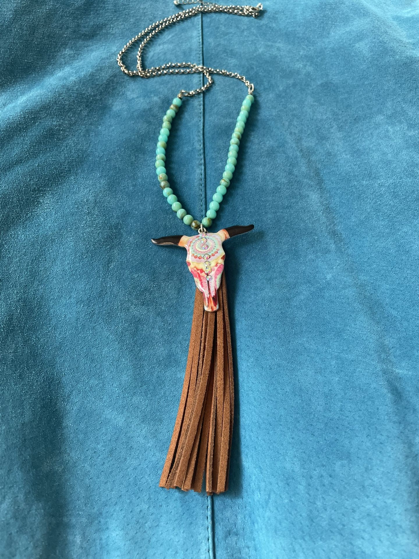 Longhorn fringe long necklace turquoise beds Western Rodeo cowgirl outfit
