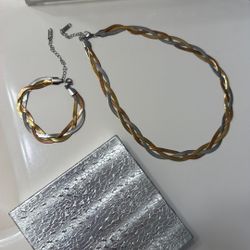 Set Of Necklace And Bracelet In 3 Color Of Gold/Silver/Rose Gold , K18 Gold Plated Boho Style Stainless Steel 18K Gold Plated Braided Design , $25