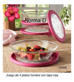 Juego de 4 platos hondos nuevos con 4 tapas Rojas