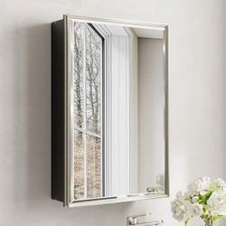 NEW IN BOX - 16 in W x 24 in H Brush Nickel Rectangular Aluminum Medicine Cabinet with Beveled Mirror, Recessed or Surface