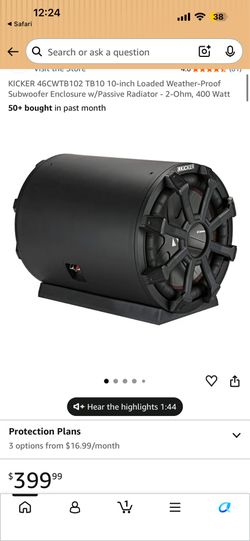 KICKER 46CWTB102 TB10 10-inch Loaded Weather-Proof Subwoofer Enclosure w/Passive Radiator - 2-Ohm, 400 Watt