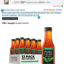 Pure Leaf Iced Tea, Unsweetened Real Brewed Tea, Zero Sugar & Zero Calories, 18.5 Fl Oz (Pack of 12)