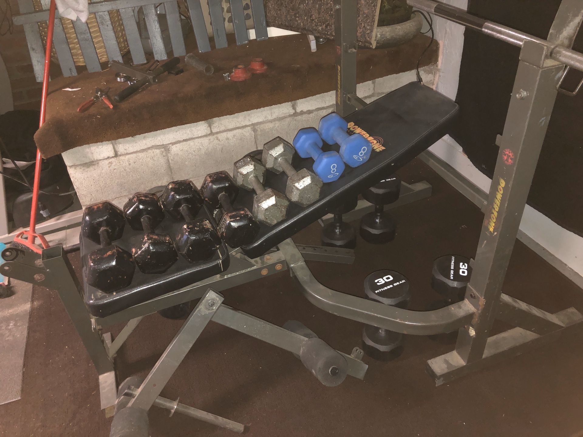 Weight bench with all weights plus lots of dumbbells.