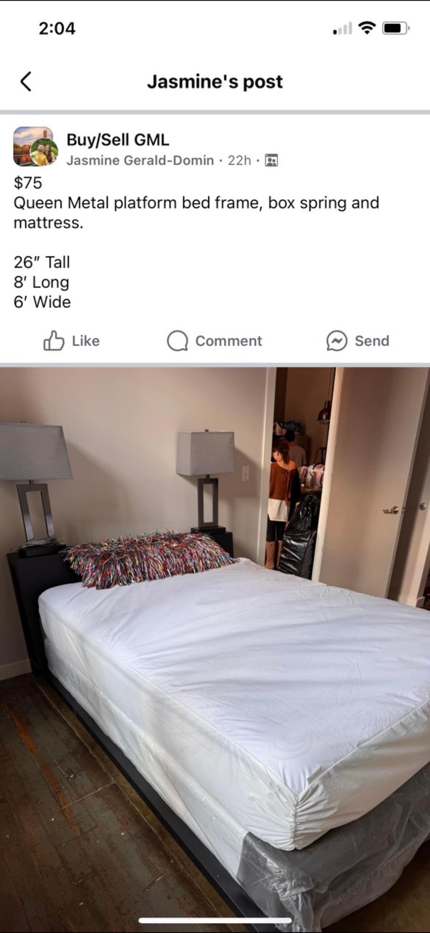 Queen, metal bed frame, box springs. and mattress.