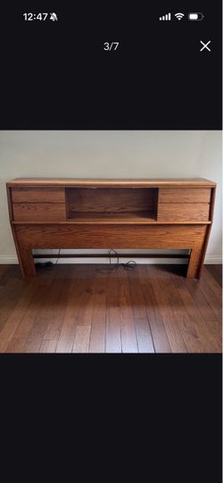 Vintage Mid Century Modern Solid Wood King Size Headboard with Sliding Doors and Power Outlets