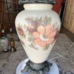 Handpainted, White Glass And Pewter Lamp Vintage