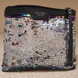 Victoria's Secret Medium Faux Leather & Sequim Cosmetic Bag, 9x7x2in