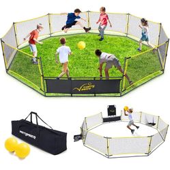 Gaga Ball Pit Portable: 15FT 4in1 Gaga Pit with Basketball Hoop and Soccer Goals