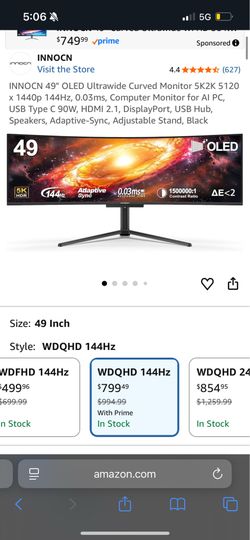 INNOCN 49" LCD Monitor (Model: H3CQR-P). WDQHD 144hz