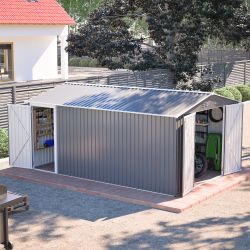 10x14 FT Outdoor Metal Storage Shed, Large Garden Shed Tool Shed with 3 Lockable Doors & Side Door, Waterproof Yard Building with 4 Air Vents for Back