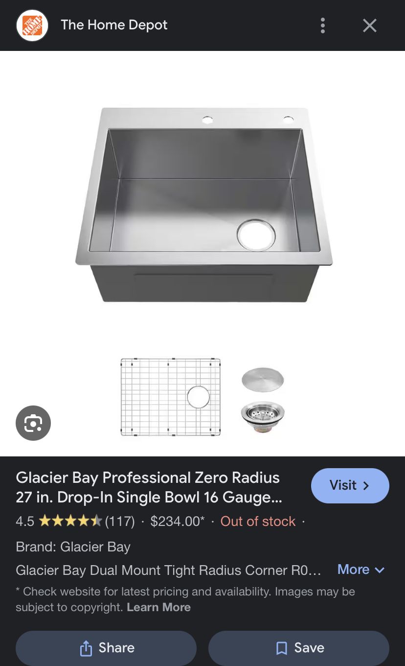 Glacier Bay Single Bowl Kitchen Sink 27in