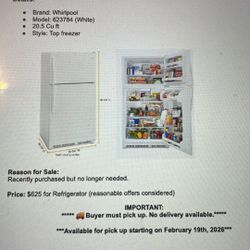 FOR SALE: LIKE NEW - Refrigerator