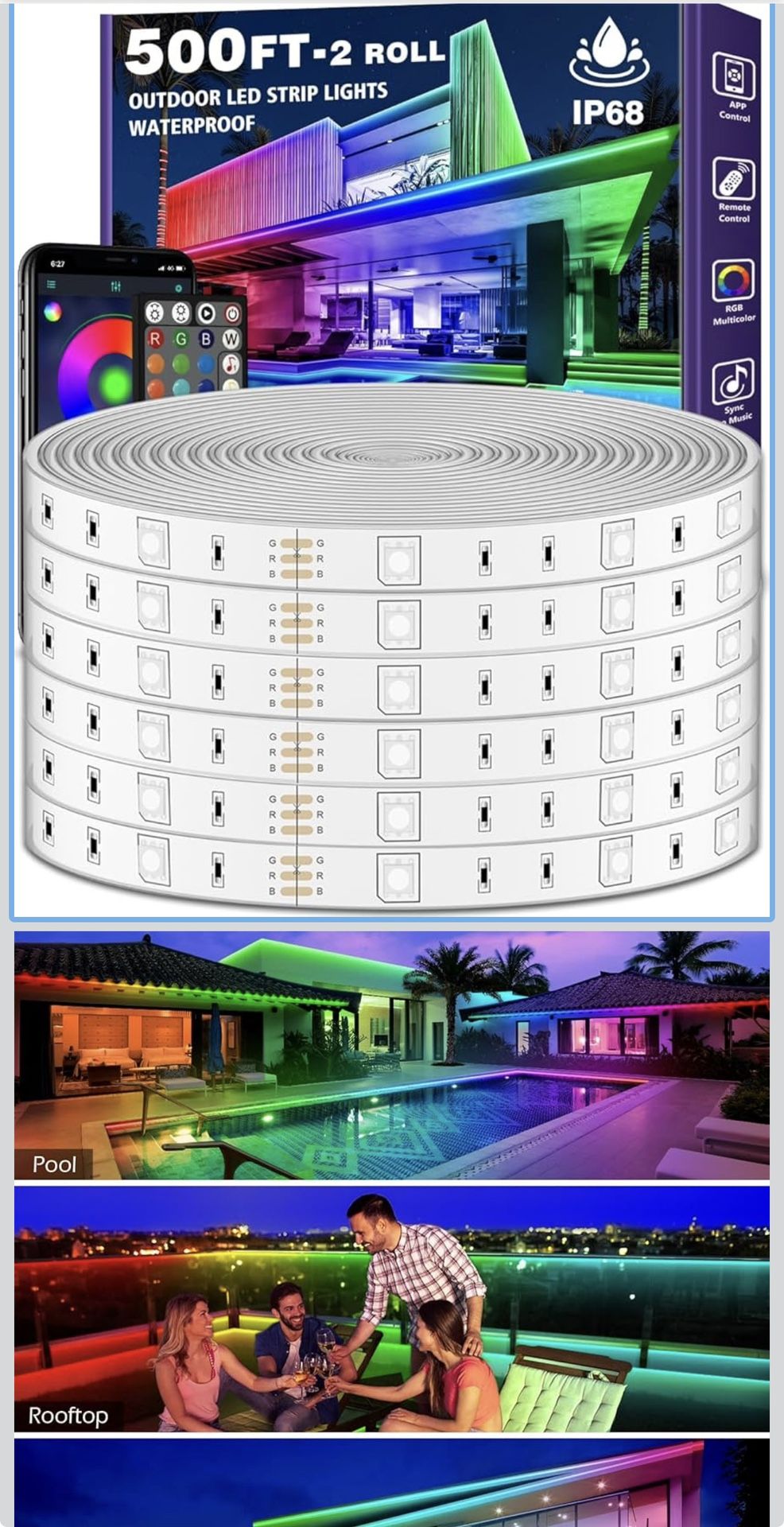AILBTON 500ft Outdoor LED Strip Lights Waterproof,IP68 Outside Led Light Strips Waterproof with Bluetooth App Remote Control,Music Sync RGB Exterior L