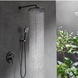 Shower System Matte Black, 10" Rain Mixer Shower Combo Set, Rainfall Shower Head and Handheld Wall Mounted Shower Faucets Sets Complete for Bathroom (