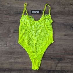 Boohoo Neon Lace Premium Bodysuit Medium NWT Lime