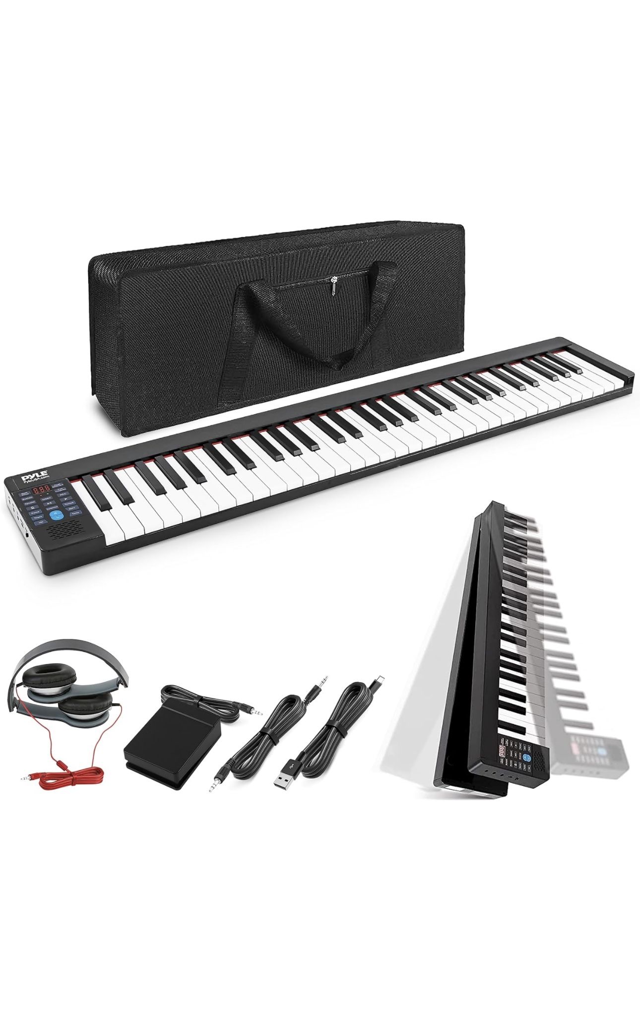 Pyle, Electric Musical Keyboard 61 Keys, Foldable Portable Electronic Standard Piano with Bluetooth, 129 Tones, 128 Audio Rhythms, Includes Sustain