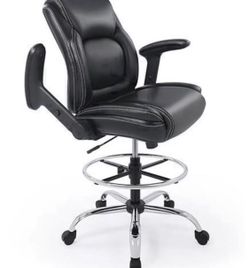 Ergonomic Mid-Back Leather Adjustable Drafting Chair with Multi-Function Arms and Foot Ring, Standing-Desk Matched Tall Swivel Computer Office Stool,