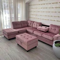 New In Boxes Pink Sectional With Storage Ottoman 