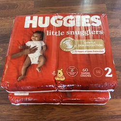 Size 2 Huggies Little Snugglers, two packs of 60