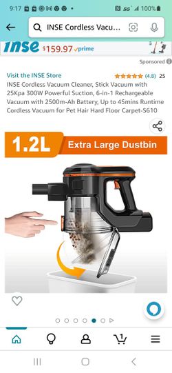 INSE Cordless Vacuum Cleaner,25Kpa Powerful Stick Vacuum,6-in-1