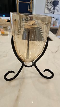 cription
Etched Glass  Candle Holder with Wrought Iron Stand